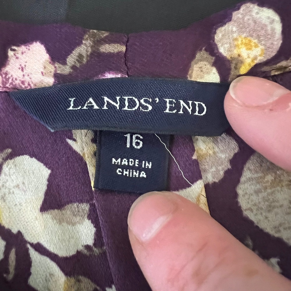 Lands End Womens Purple Floral Tie Neck Pleated Short Sleeve Blouse, Size 16 - Picture 5 of 9